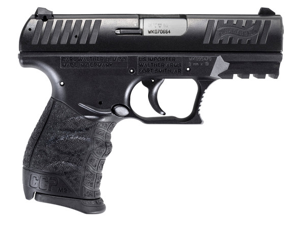 Walther Arms 5083500 CCP M2 + Carry Frame 9mm Luger 8+1, 3.54 in Stainless Steel Barrel, Black Cerakote Serrated Steel Slide, Black Polymer Frame w/Picatinny Rail, Black Finger Grooved Grip, Manual Thumb Safety, Right Hand, Pistol