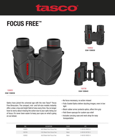 Tasco 100825 Focus-Free 8x25mm Porro Prism, Insta Focus Black Aluminum w/Rubber Armor Binoculars