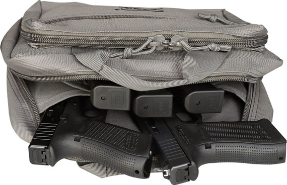 Glock AP60301 Double, Pistol Case Dual Padded Compartments, 5 Internal Mag Holders, 3 Zippered Compartments, Carry Handle, Gray, 12.5 inx9.5 inx4.5 in