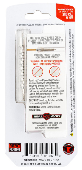 Real Avid AVBMJAG9MM Bore-Max Speed Jag 9mm/380 Cal, Pistol Firearm Nickel-Plated Includes 25 Speed Patches
