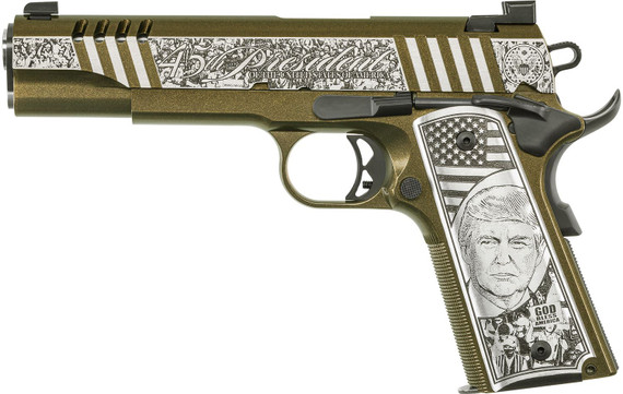 Auto-Ordnance 1911TCAC12N 1911 Trump inRally Cry in 45 ACP 5 in 7+1 Engraved Stainless Steel Slide/Frame with Black Cerakote & Gold Flakes Engraved Aluminum Grips Night Sights