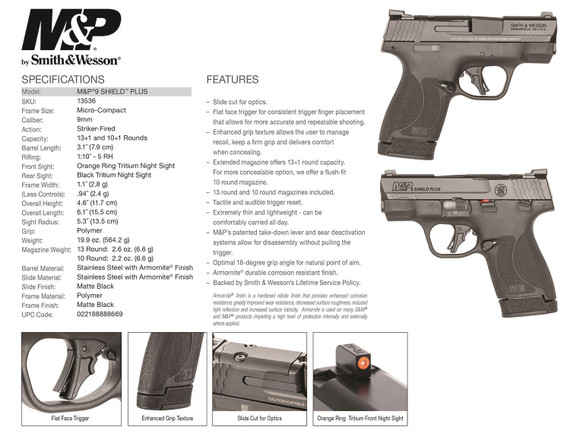 Smith & Wesson 13536 M&P Shield Plus Micro-Compact Frame 9mm Luger 10+1/13+1, 3.10 in Black Armornite Steel Barrel & Optic Cut/Serrated Stainless Steel Slide, Matte Black Polymer Frame, Thumb Safety, Pistol
