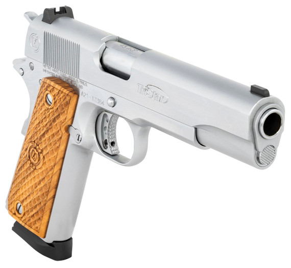 TriStar 85602 American Classic Government 1911 45 ACP 8+1, 5 in Stainless Steel Barrel, Chrome Serrated Steel Slide, Chrome Steel Frame w/Beavertail, Wood Grip, Pistol
