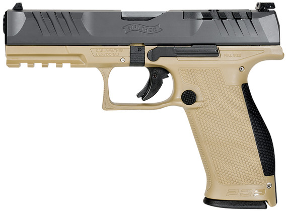 Walther Arms 2858380 PDP 9mm Luger 18+1 4.50 in Black Polygonal, Rifled Barrel, Black Optic Ready/Serrated Slide, Tan Polymer Frame w/Picatinny Rail, Black Performance Duty Texture Grips, Pistol