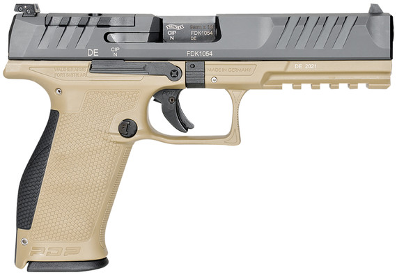 Walther Arms 2858410 PDP Full Size 9mm Luger 18+1 5 in Black Polygonal, Rifled Barrel, Black Optic Ready/Serrated Slide, Tan Polymer Frame w/Picatinny Rail, Black Performance Duty Texture Grips, Pistol