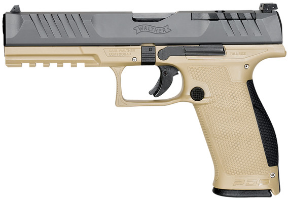Walther Arms 2858410 PDP Full Size 9mm Luger 18+1 5 in Black Polygonal, Rifled Barrel, Black Optic Ready/Serrated Slide, Tan Polymer Frame w/Picatinny Rail, Black Performance Duty Texture Grips, Pistol