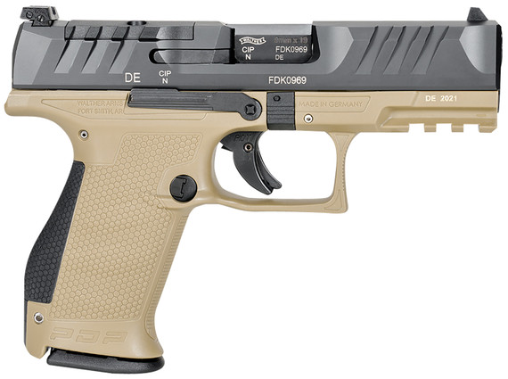 Walther Arms 2858444 PDP Compact 9mm Luger 15+1 4 in Black Polygonal, Rifled Barrel, Black Optic Ready/Serrated Slide, Tan Polymer Frame w/Picatinny Rail, Black Performance Duty Texture Grips, Pistol