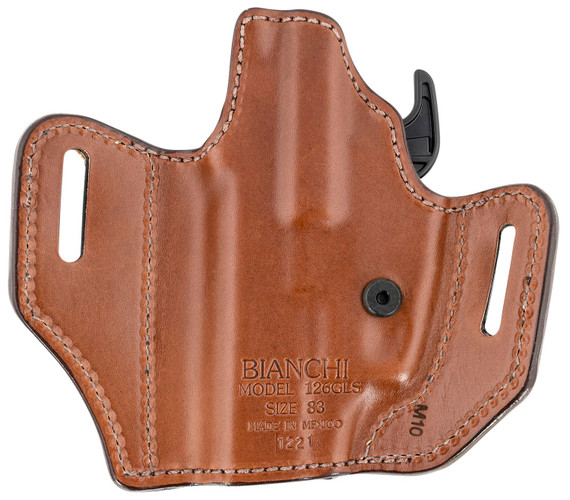 Bianchi 38351 Allusion Assent Pro-Fit OWB Size 13 Tan Leather Belt Slide Compatible w/Glock 17/22/Springfield XDS/Ruger American, Pistol Belt Up to 1.50 in Wide Right Hand, Holster