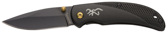 Browning 3220340 Prism 3 EDC Folding 2.38 in Plain Black Oxide 7Cr17MoV SS Blade, Black w/Brass Accents & Logo Anodized Aluminum Handle, Includes Pocket Clip, Knife