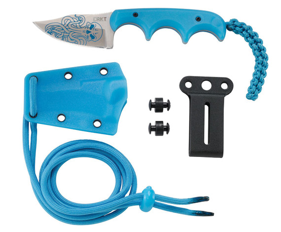 CRKT 2387O Minimalist Bowie Cthulhu 2.13 in Fixed Clip Point Plain Satin w/Blue Etching 8Cr13MoV SS Blade/3 in Blue Textured Polypropylene Handle Includes Lanyard/Sheath, Knife
