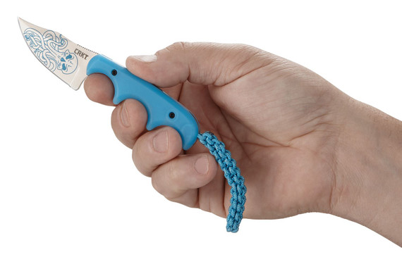 CRKT 2387O Minimalist Bowie Cthulhu 2.13 in Fixed Clip Point Plain Satin w/Blue Etching 8Cr13MoV SS Blade/3 in Blue Textured Polypropylene Handle Includes Lanyard/Sheath, Knife
