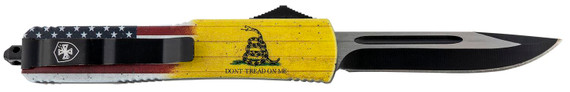 Templar MDTOM331 Dont Tread on Me Gen II Slim 3.50 in OTF Drop Point Plain Black Oxide Stonewashed 440C SS Blade/ 5.05 in Yellow w/Flag & inDont Tread On Me in Aluminum Handle Features Glass Breaker Includes Pocket Clip/Sheath, Knife
