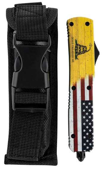 Templar MDTOM331 Dont Tread on Me Gen II Slim 3.50 in OTF Drop Point Plain Black Oxide Stonewashed 440C SS Blade/ 5.05 in Yellow w/Flag & inDont Tread On Me in Aluminum Handle Features Glass Breaker Includes Pocket Clip/Sheath, Knife