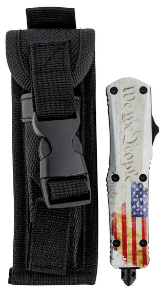 Templar SWTP531 We The People Gen II Small 2.25 in OTF Tanto Part Serrated Black Oxide Stonewashed 440C SS Blade 4.31 in White w/Flag & inWe The People in Aluminum Handle Features Glass Breaker Includes Pocket Clip/Sheath, Knife