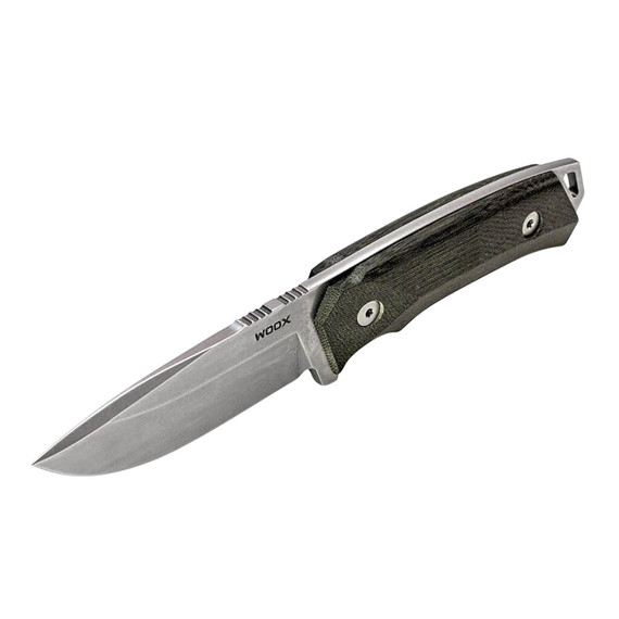 Woox BU.KNF001.08 Rock 62 4.25" Fixed Plain Black Mil-Spec Sleipner Steel Blade 4.75" Black Checkered Micarta Handle