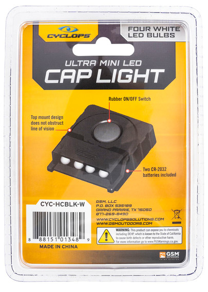 Cyclops CYCHCBLKW Ultimate Hat Clip Light 4 LED White LED Bulb Black Anodized 60 Meters Distance Headlamp
