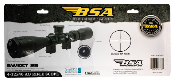 BSA 22412X40AO Sweet 22 Black Matte 4-12x 40mm AO 1 in Tube 30/30 Duplex Reticle, Rifle Scope