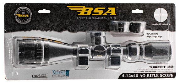 BSA 22412X40AO Sweet 22 Black Matte 4-12x 40mm AO 1 in Tube 30/30 Duplex Reticle, Rifle Scope