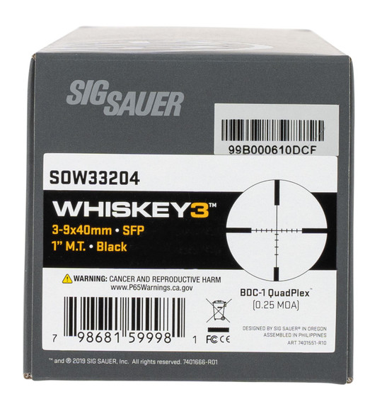 Sig Sauer Electro-Optics SOW33204 Whiskey3 Black Anodized 3-9x40mm 1 in Tube BDC-1 Quadplex Reticle