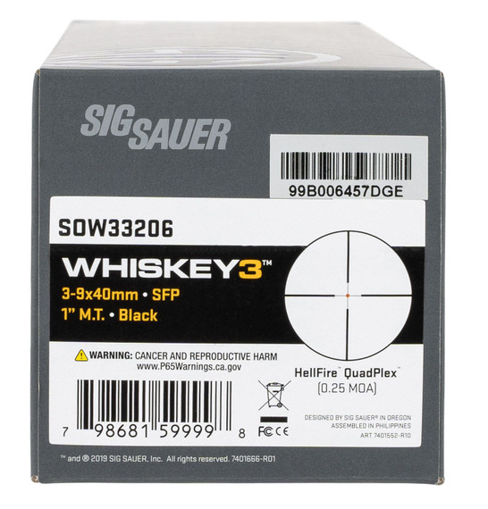 Sig Sauer Electro-Optics SOW33206 Whiskey3 Black Anodized 3-9x40mm 1 in Tube Illuminated Hellfire Quadplex Reticle