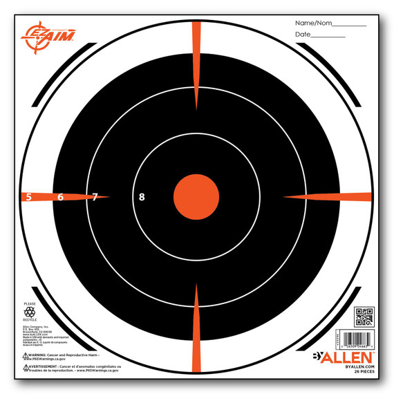 EZ-Aim 15246 Bullseye Hanging 8 in x 8 in Black/Orange/ White 26 Per Pack Paper Targets
