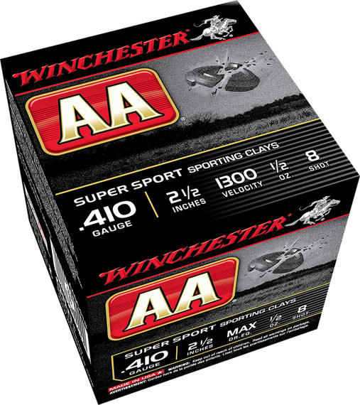 Winchester AASC418VP AA Sporting Clay 410Gauge 2.50 in 1/2oz 8Shot 100 Per Box/5 Case, Shotgun Shells