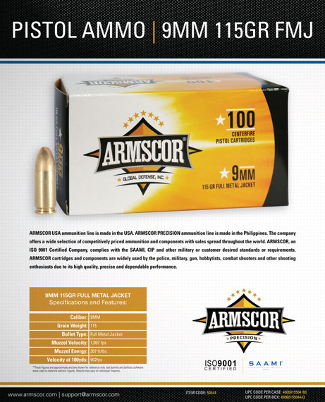 Armscor 50444 Precision Value Pack 9mmLuger 115gr Full Metal Jacket 100 Per Box/12 Case Centerfire, Handgun Ammunition