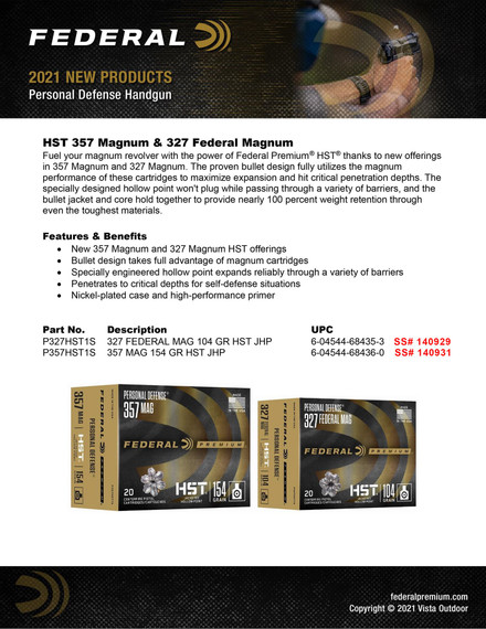 Federal P327HST1S Premium Personal Defense 327FederalMag 104gr Jacketed Hollow Point 20 Per Box/10 Case Centerfire, Handgun Ammunition