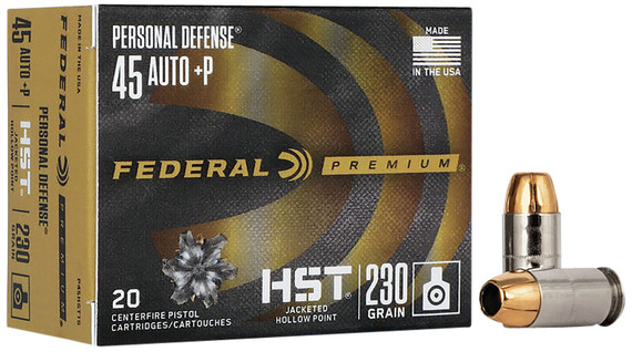 Federal P45HST1S Premium Personal Defense 45ACP+P 230gr HST Jacketed Hollow Point 20 Per Box/10 Case Centerfire, Handgun Ammunition