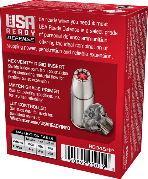 Winchester RED45HP USA Ready 45ACP 200gr Hex Vent Hollow Point 20 Per Box/10 Case Centerfire, Handgun Ammunition