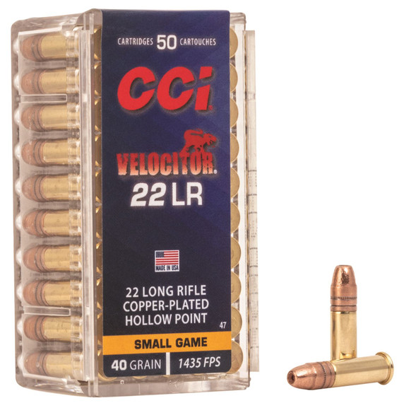 CCI 0047 Velocitor 22LR 40gr Copper Plated Hollow Point 50 Per Box/100 Case Rimfire Ammunition