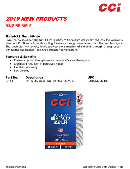 CCI 975CC Quiet-22 22LR 45gr Lead Round Nose 50 Per Box/100 Case Rimfire Ammunition