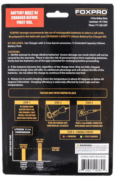 Foxpro EXTBATTCHGRAKE Extended Capacity Battery Kit Black 11.1 Volts 3,350 mAh Compatible with FoxPro Hi-Jack