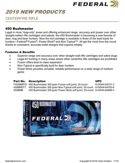 Federal 450BMB Power-Shok 450Bushmaster 300gr Jacketed Soft Point 20 Per Box/10 Case Centerfire, Rifle Ammunition