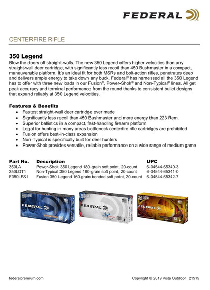 Federal F350LFS1 Fusion 350Legend 160gr Bonded Soft Point 20 Per Box/10 Case Centerfire, Rifle Ammunition