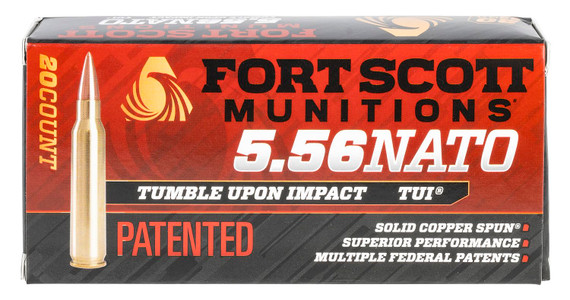 Fort Scott Munitions 556062SCV Tumble Upon Impact (TUI) 5.56x45mmNATO 62gr Solid Copper Spun 20 Per Box/25 Case Centerfire, Rifle Ammunition