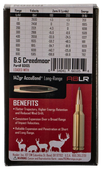 Nosler 60105 Trophy Grade Long-Range 6.5Creedmoor 142gr Nosler Spitzer AccuBond Long Range 20 Per Box/10 Case Centerfire, Rifle Ammunition