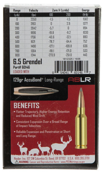 Nosler 60146 Trophy Grade Long-Range 6.5Grendel 129gr Nosler Spitzer AccuBond Long Range 20 Per Box/10 Case Centerfire, Rifle Ammunition