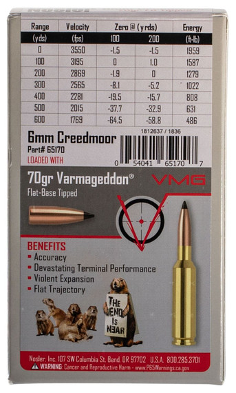 Nosler 65172 Varmageddon 6mmCreedmoor 70gr Flat Base Tipped 20 Per Box/10 Case Centerfire, Rifle Ammunition