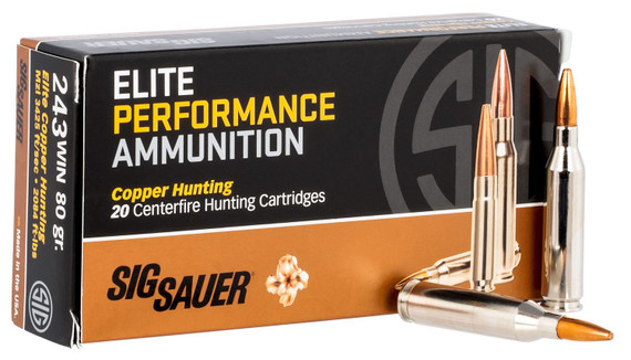 Sig Sauer E243H120 Elite Copper Hunting 243Win 80gr Copper Solid 20 Per Box/10 Case Centerfire, Rifle Ammunition