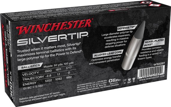 Winchester W300ST Silvertip 300Blackout 150gr Defense Tip 20 Per Box/10 Case Centerfire, Rifle Ammunition