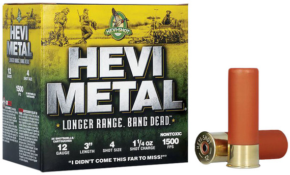 HEVI-Metal HS38004 HEVI-Metal Longer Range 12Gauge 3 in 1 1/4oz 4Shot 25 Per Box/10 Case, Shotgun Shells