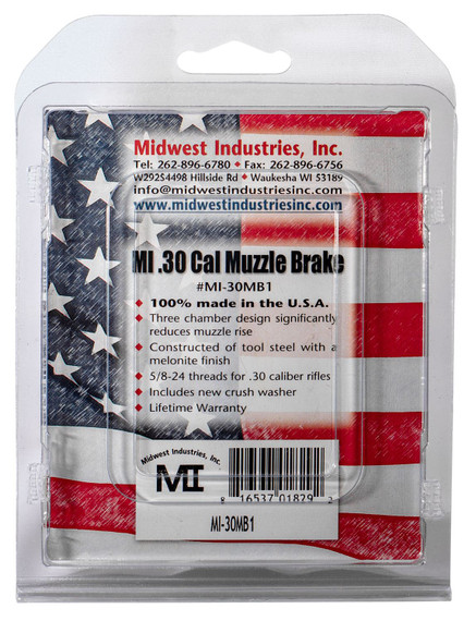 Midwest Industries MIAR30MB1 Muzzle Brake Black Steel with 5/8 in-24 tpi Threads for 30 Cal AR-Platform