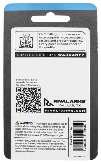 Rival Arms RA43G001A Slide Back Cover Plate Double Stack Black Anodized Aluminum for Glock 17/19 Gen3-4