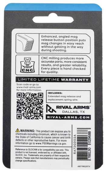 Rival Arms RA72G002A, Magazine Release Glock Gen4 Extended Hard Black Anodized Aluminum
