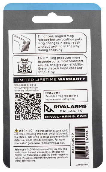 Rival Arms RA72G004D, Magazine Release Extended Silver Aluminum for Glock 43X, 48