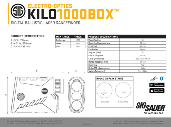 Sig Sauer Electro-Optics SOK10602 Kilo BDX 1000 Laser Rangefinder Graphite 5x20mm 1200 yds Max Distance HT-LCD Display