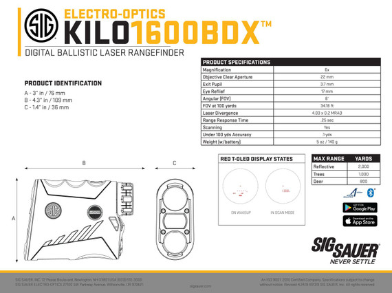 Sig Sauer Electro-Optics SOK16607 Kilo 1600 Graphite 6x22mm 2000 yds Max Distance OLED Display