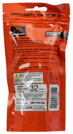 Walkers GWPFP25BAG Foam Ear Plugs Foam 32 dB In The Ear Orange Adult 25 Pair