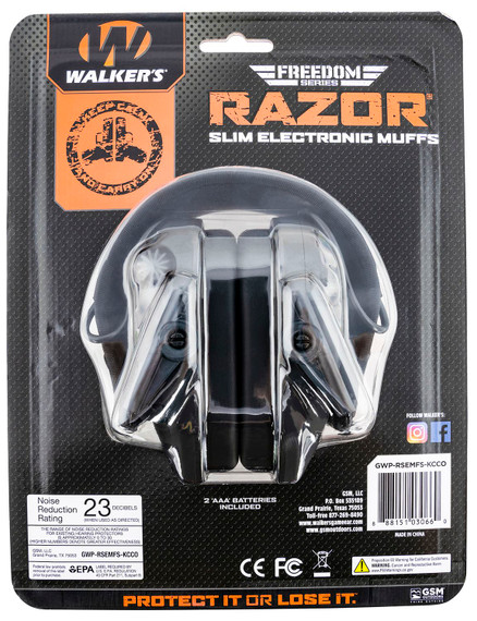Walkers GWPRSEMFSKCCO Razor Slim Electronic Freedom Muff 23 dB Over the Head Black w/Distressed Carry On Logo Polymer